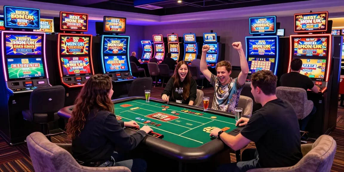 Exciting atmosphere at the best non UK casinos with players enjoying diverse games and colorful slot machines.