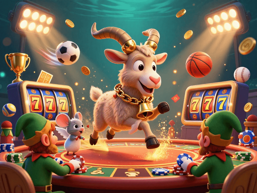 Experience thrilling slot action with the Krampus goat and friends in a chaotic casino atmosphere.