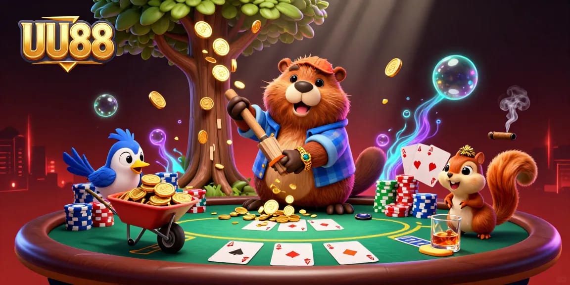 Experience thrilling poker action at UU88 with cartoon characters interacting in a vibrant casino setting.