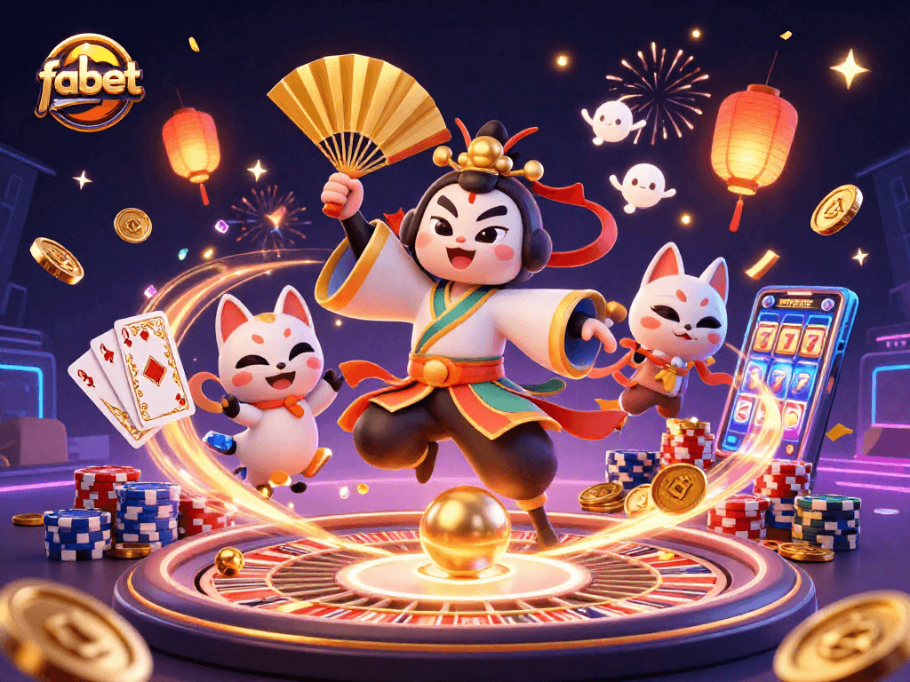 Experience entertainment at fabet with kabuki warrior, lantern spirits, and casino excitement.