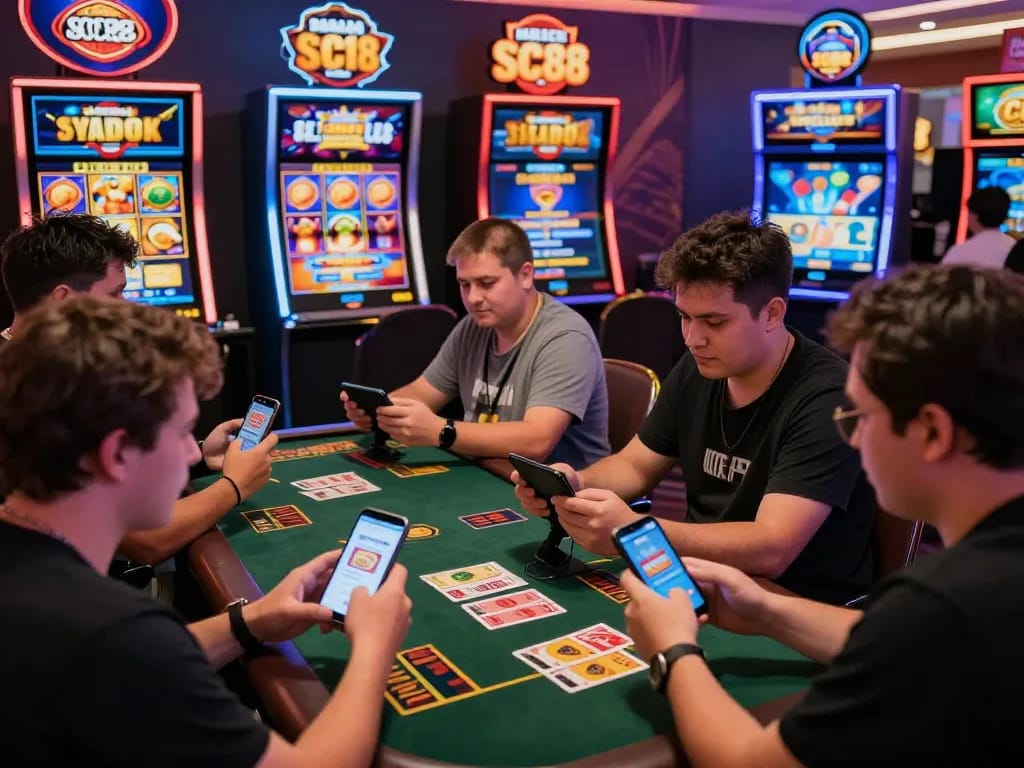 Players engaging in various SC88 online games on smartphones and tablets in a vibrant gaming environment.