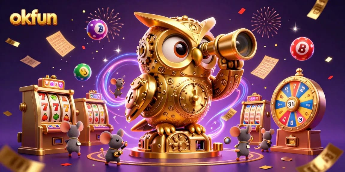 Engage with okfun's vibrant casino world, where a golden owl oversees buzzing slot machines and lively lottery games.