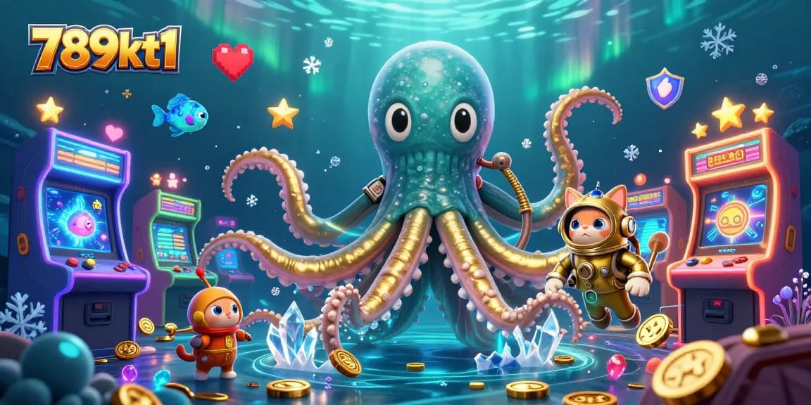 Experience the thrill of 789kt1 with a vibrant scene featuring a kraken and diving cat immersed in casino gaming.