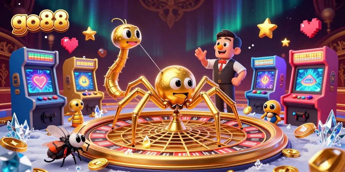 Engage in thrilling gaming at go88 with a captivating scene featuring a golden spider and colorful gaming machines.