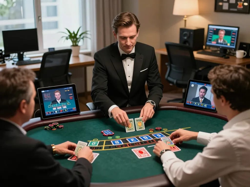 Players engaging in strategic blackjack gameplay at Hubet's online casino, showcasing focus and excitement on devices