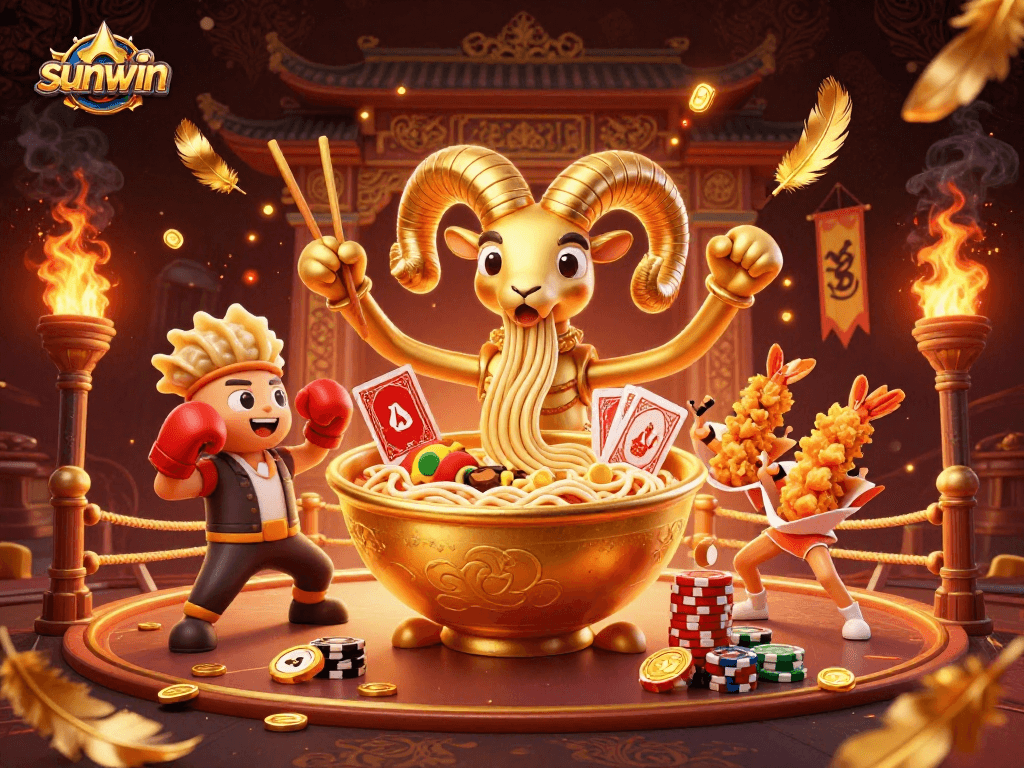 Experience sunwin excitement with a vibrant illustration featuring a ramen bowl dealer amidst golden casino elements.