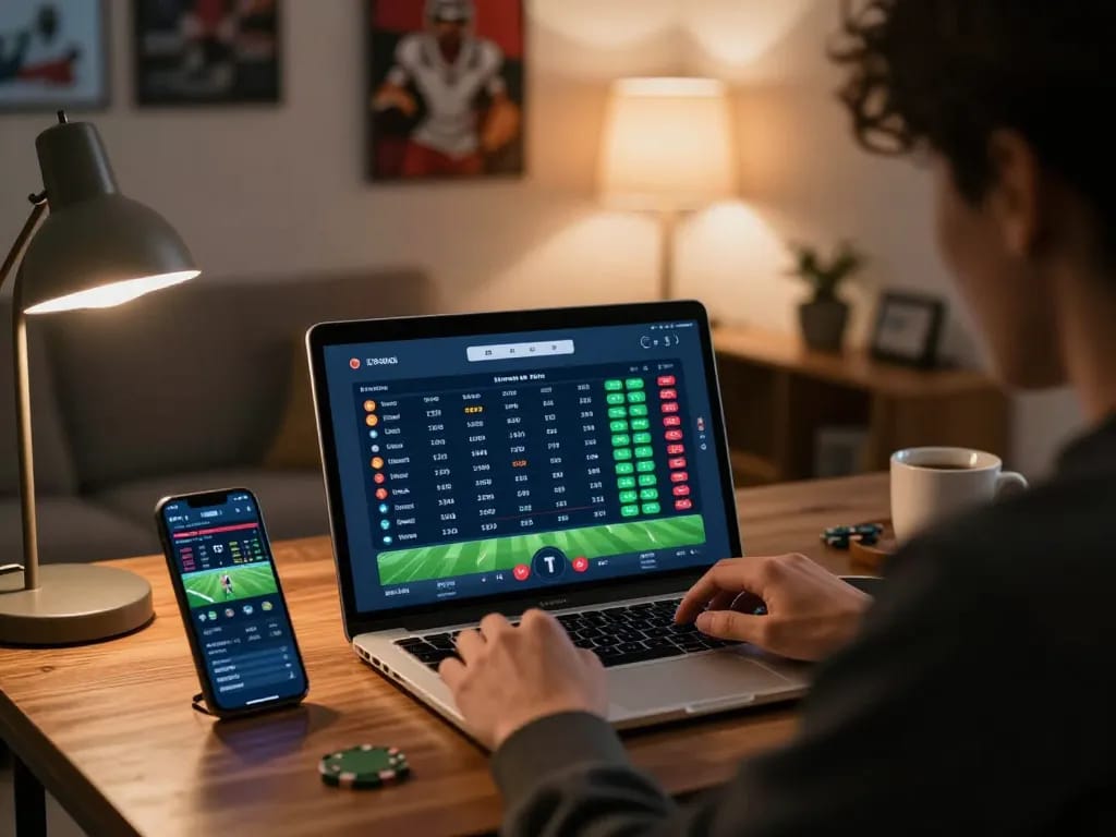 Betting on sports at home using 58win with a laptop and smartphone in a relaxed, engaging environment.