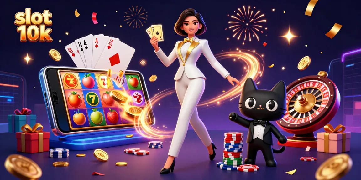 Engage in thrilling spins at slot 10k with vibrant slot reels, golden coins, and festive atmosphere.