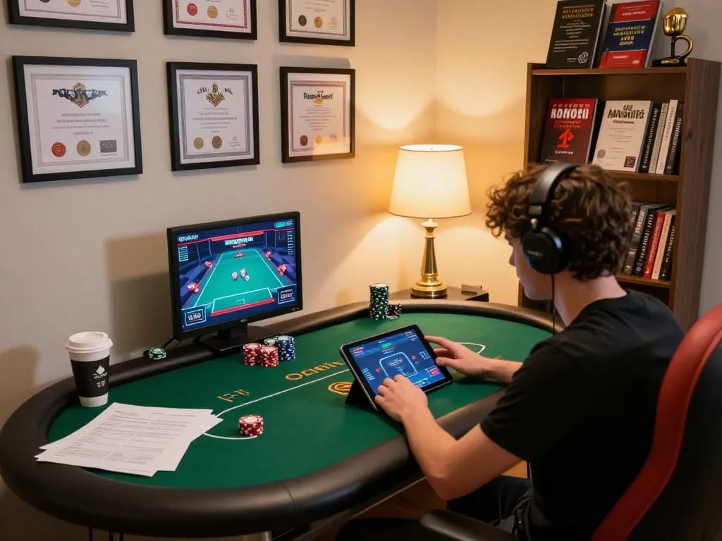 Engaged player enjoying nk88 poker game on tablet in cozy home setup, strategy notes visible.