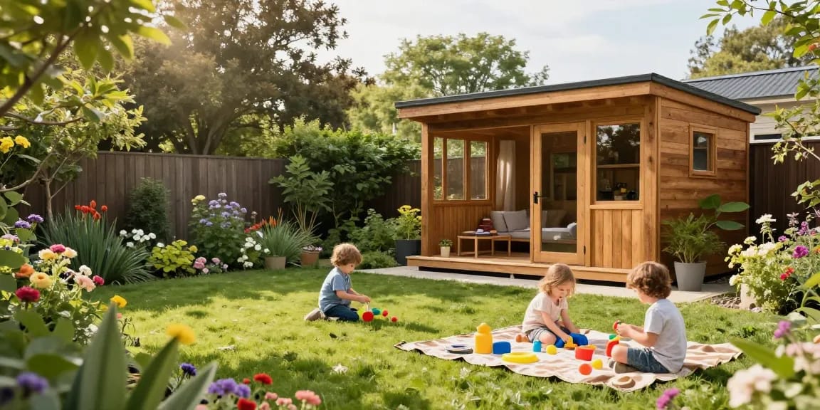 Garten Haus im Freien mit Familie und Kindern, entspannte Atmosphäre im Garten.