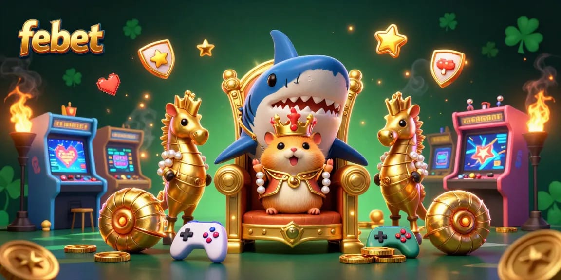Experience thrilling gameplay with febet's vibrant casino illustration featuring a hamster king and dynamic game elements.