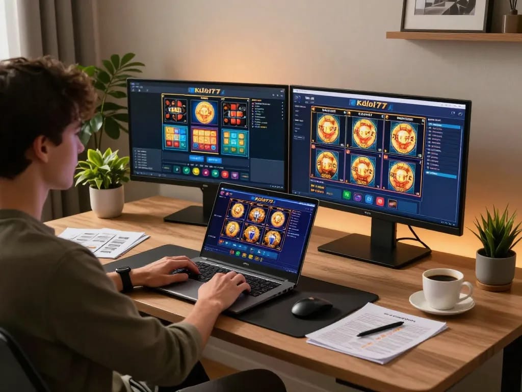 Engaging user playing kdslot77 online casino game on laptop in cozy home office setup