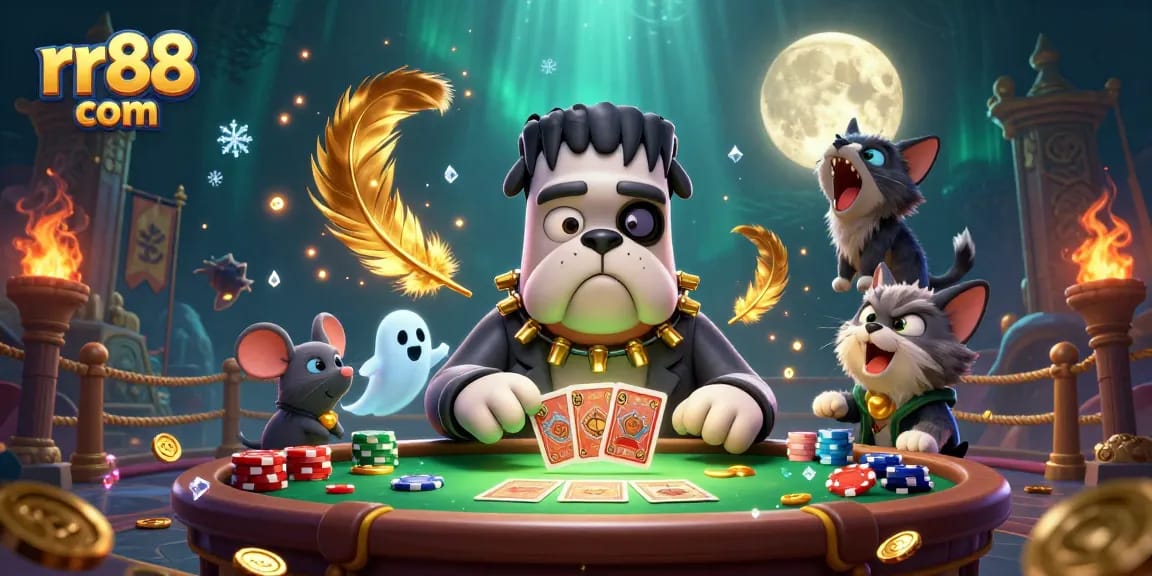 Experience thrilling gameplay at rr88 com with a vibrant illustration of unique casino characters interacting around a spooky poker table.