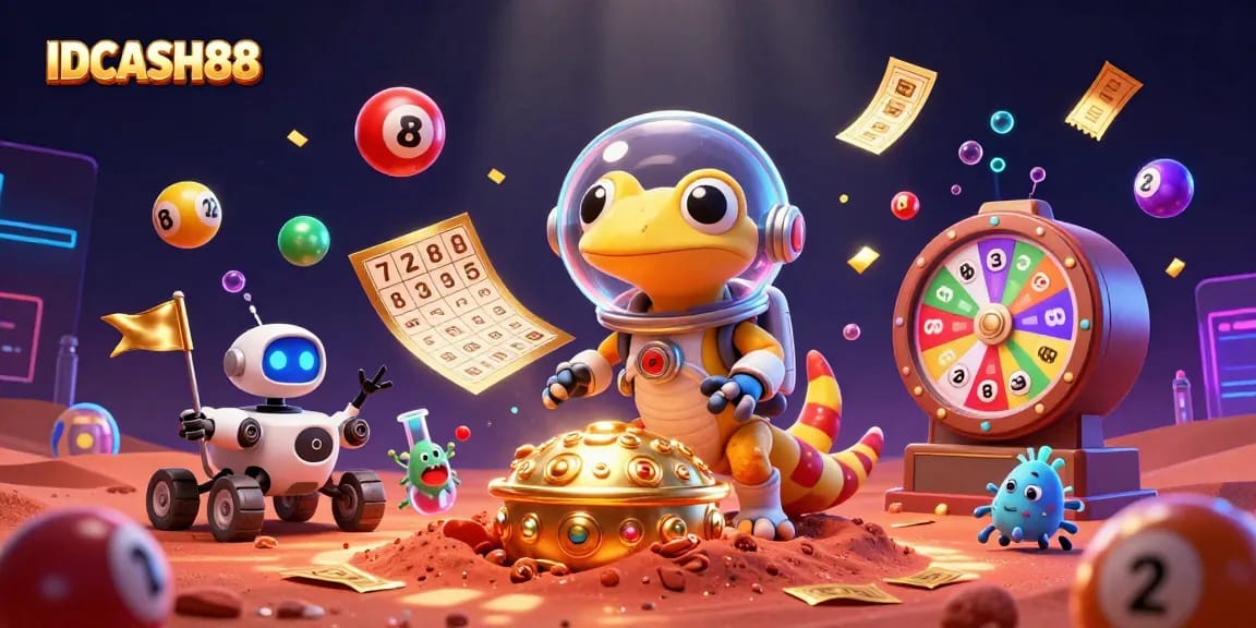 Engage with IDCASH88 in a vibrant casino scene featuring a Martian gecko and thrilling lottery elements.