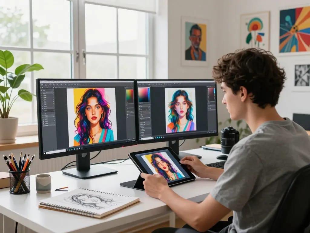 Designer using an image to prompt tool in a creative workspace, showcasing AI-generated artwork.