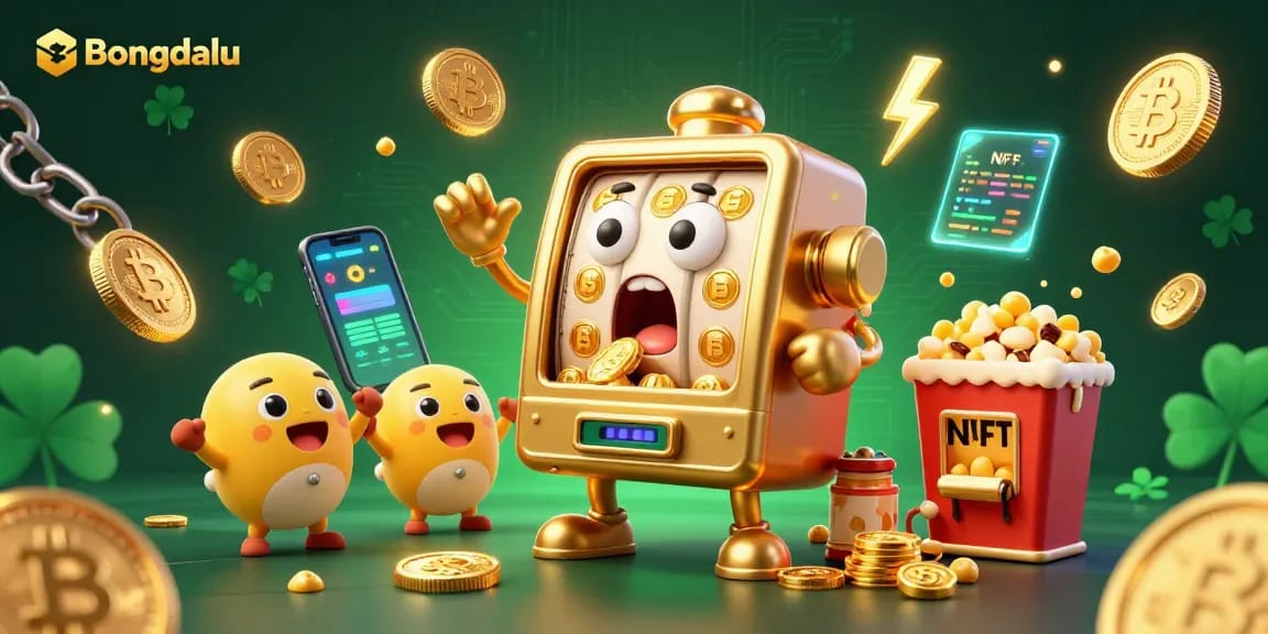 Bongdalu captivates players with a thrilling slot machine scene, showcasing a jackpot celebration filled with coins and crypto elements.