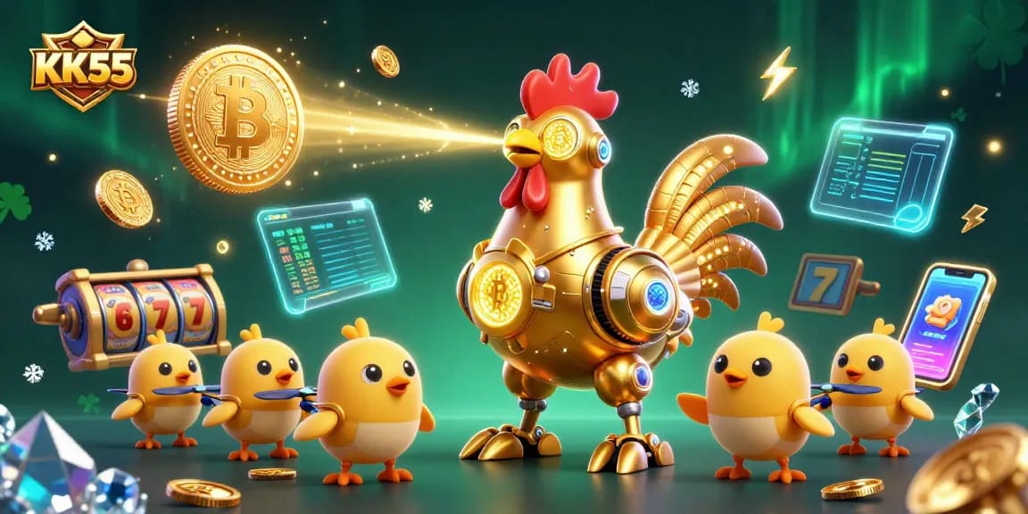 Experience thrilling gameplay with KK55 as the golden rooster robot and baby chick drones take over the casino scene.