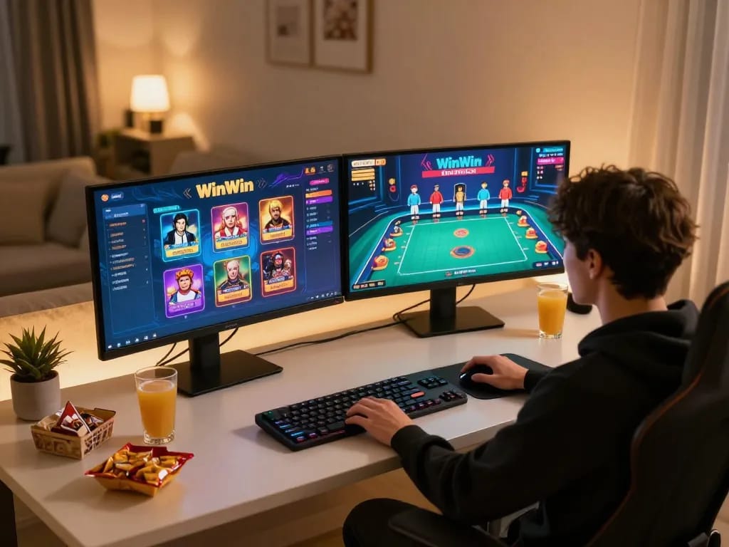 Engaging gameplay at WinWin online casino on dual screens, showcasing gaming excitement