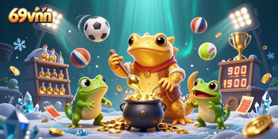 Experience thrilling action at 69vnn, featuring energetic gaming elements like golden coins and dynamic sports balls.
