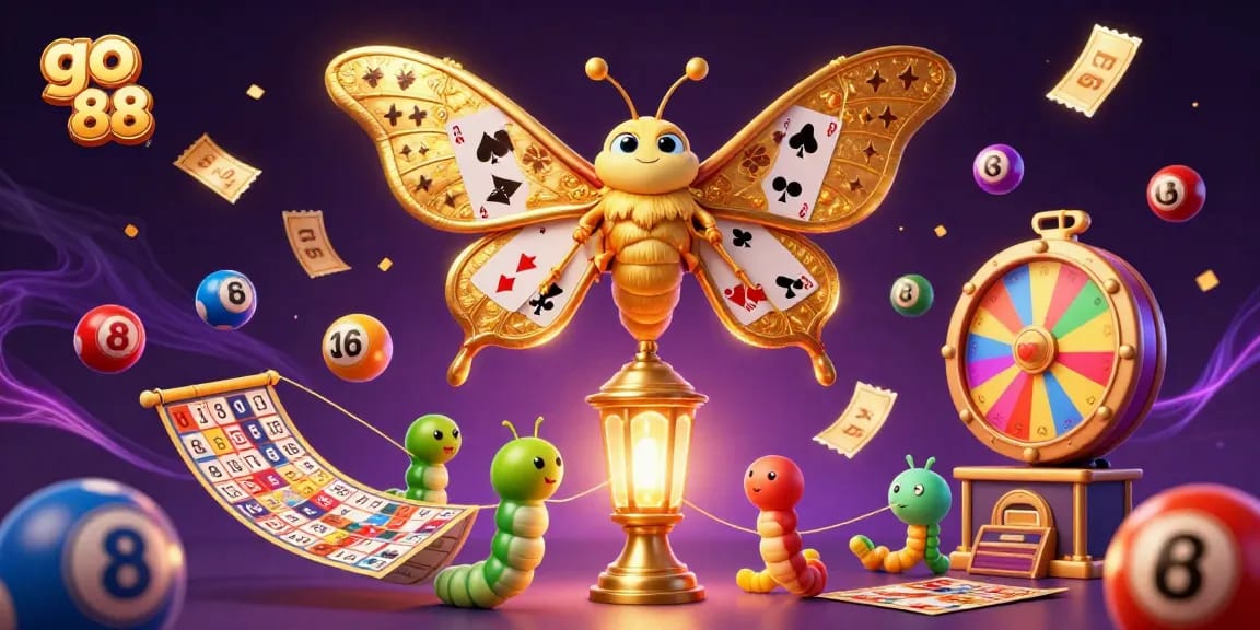 Experience thrilling moments at go 88 with vibrant casino elements and a majestic moth in a dazzling scene.