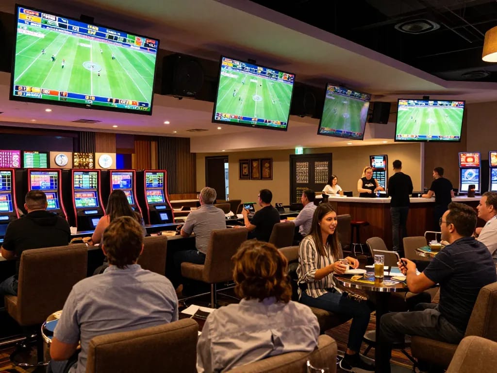 KQBD sports betting patrons engaged with live football updates in a sophisticated lounge.