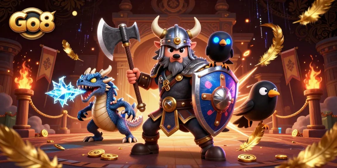 Win big with Go8: dynamic 3D cartoon scene featuring a Viking warrior and epic gaming elements