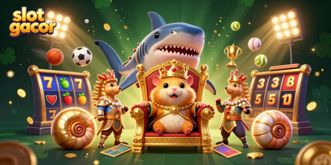 Engage with slot gacor at a vibrant casino scene featuring a golden hamster king and gaming elements.