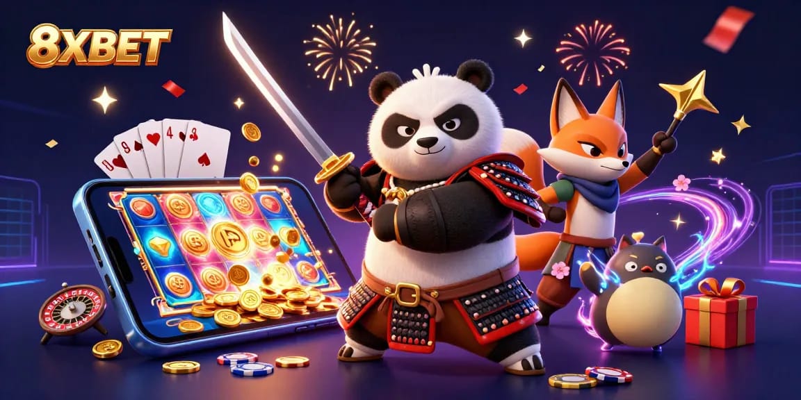 Join the excitement at 8XBET with a fierce samurai panda, ninja fox, and gaming elements.