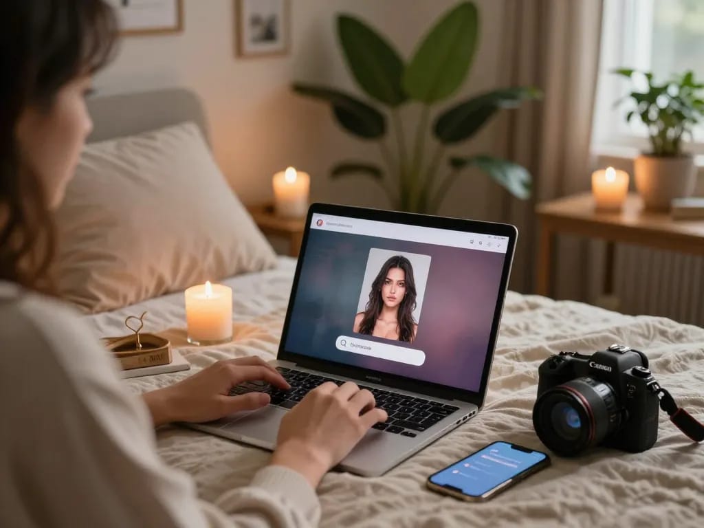 Engaging in a personalized sex chat AI experience on a laptop in a cozy setting.