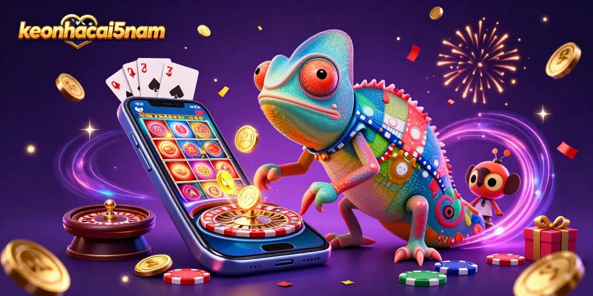 Engage with keonhacai5nam as a colorful chameleon casino owner captures winning moments with golden coins.