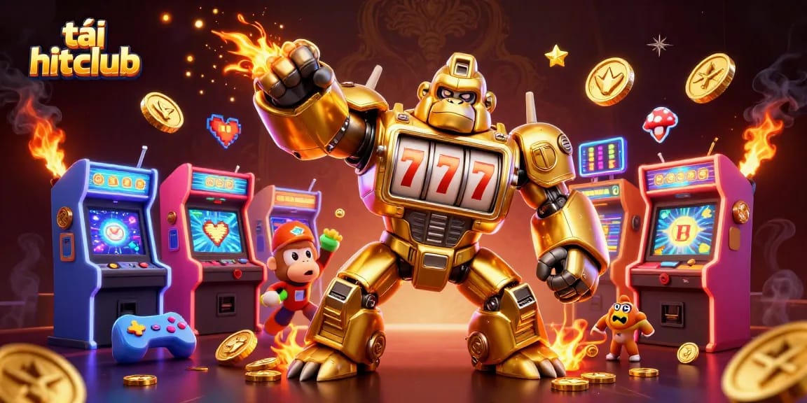 Experience the excitement of tải hitclub with a vibrant 3D illustration showcasing the golden gorilla mech and casino elements.