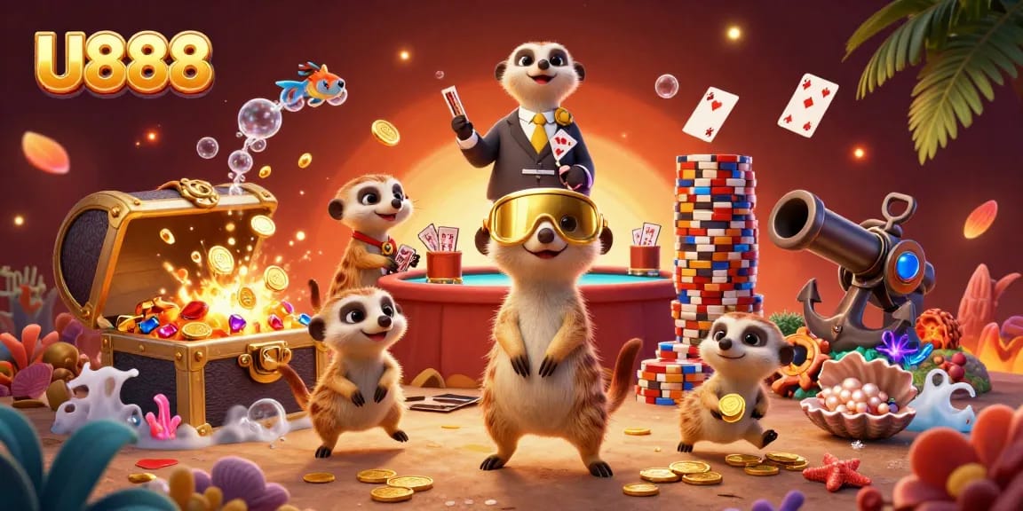 U888 showcases a vibrant cartoon meerkat casino scene rich in visual detail, highlighting players and gaming elements.