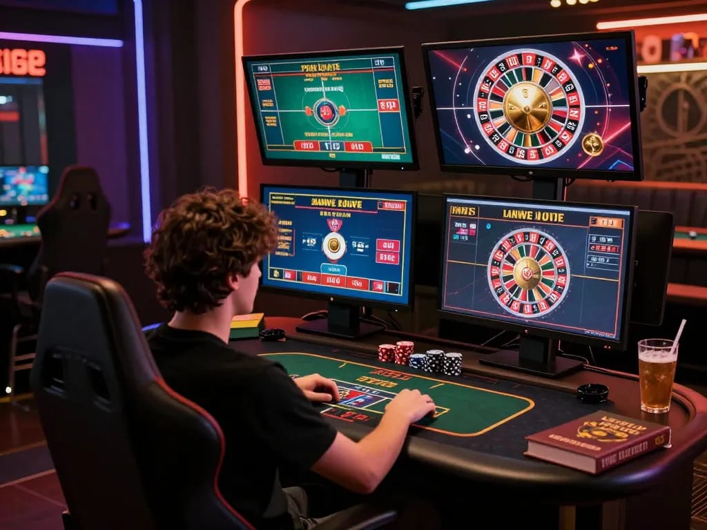 Engaged player analyzing kèo nhà cái on multiple screens in a modern gaming setup, enhancing strategic betting decisions
