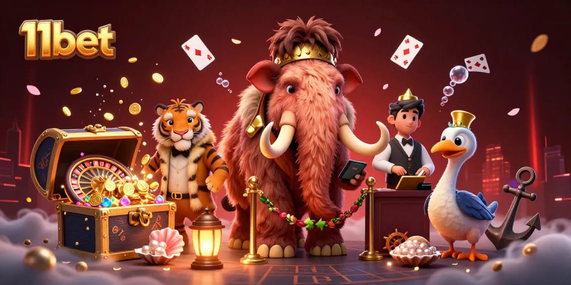 Experience exciting action at 11bet's casino with a woolly mammoth bouncer and VIP guests.