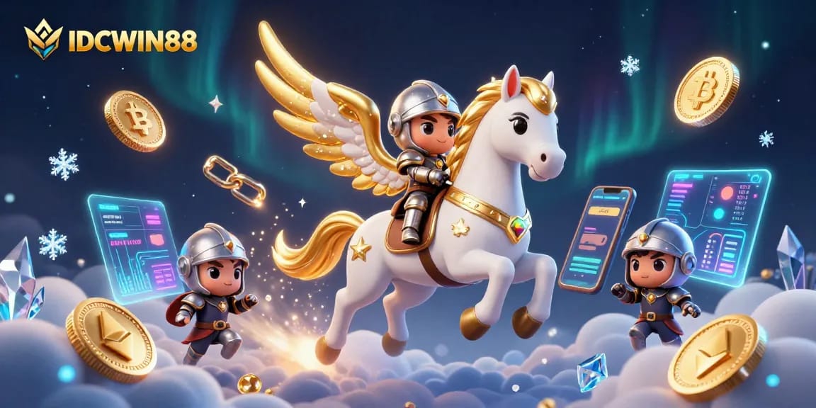 Play interactive games at IDCWIN88 while enjoying a vibrant 3D casino illustration featuring mythical creatures and digital elements.