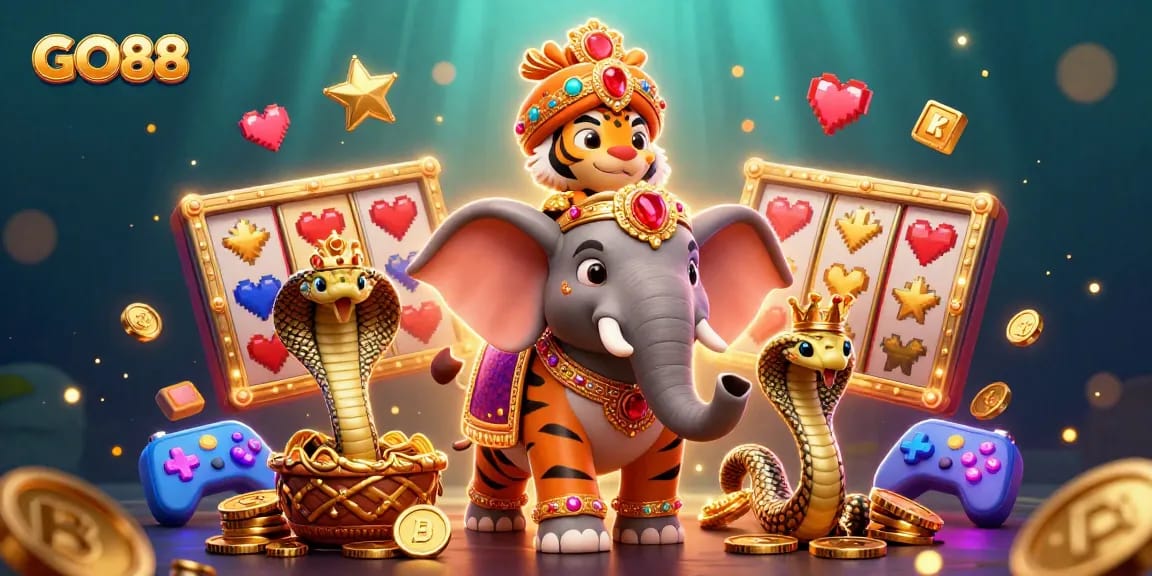 Spin the reels at GO88 with a vibrant casino scene featuring a tiger, elephant, and cobra.