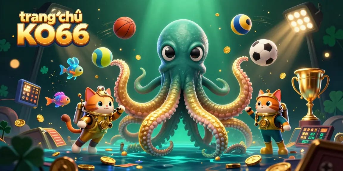 Experience thriving gaming excitement on trang chủ KO66 with a vibrant 3D illustration of a kraken, diving cat, and dynamic sports elements.