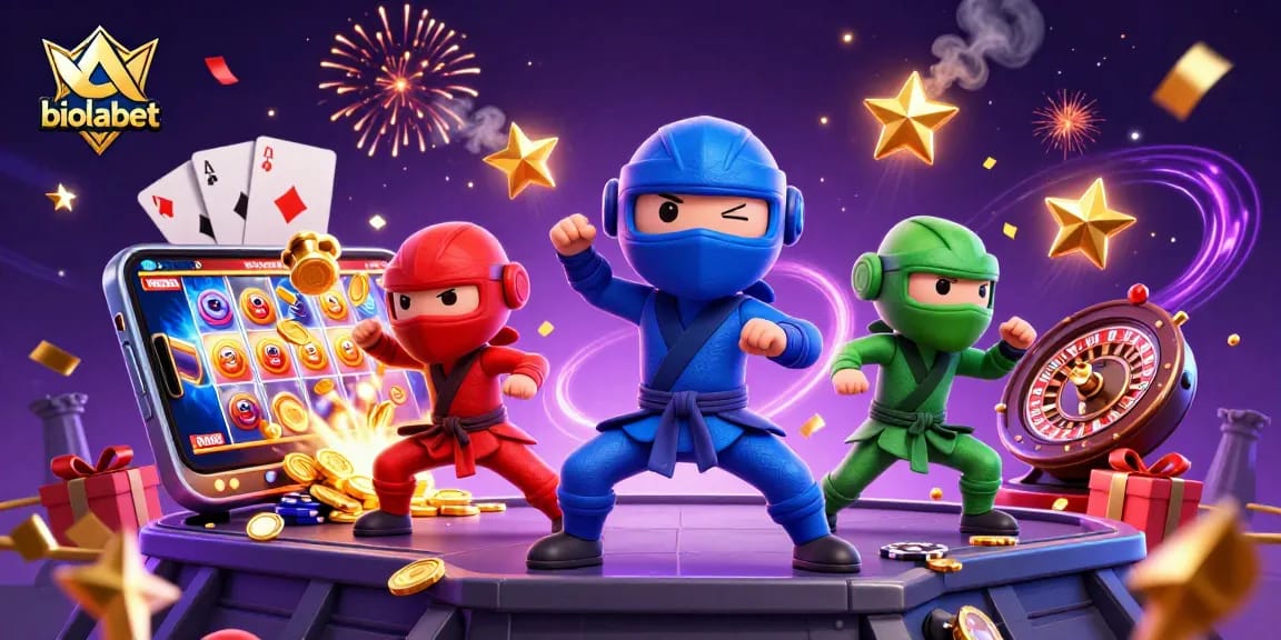Biolabet menampilkan tim ninja chameleon dalam pose bela diri sambil memainkan slot gacor.