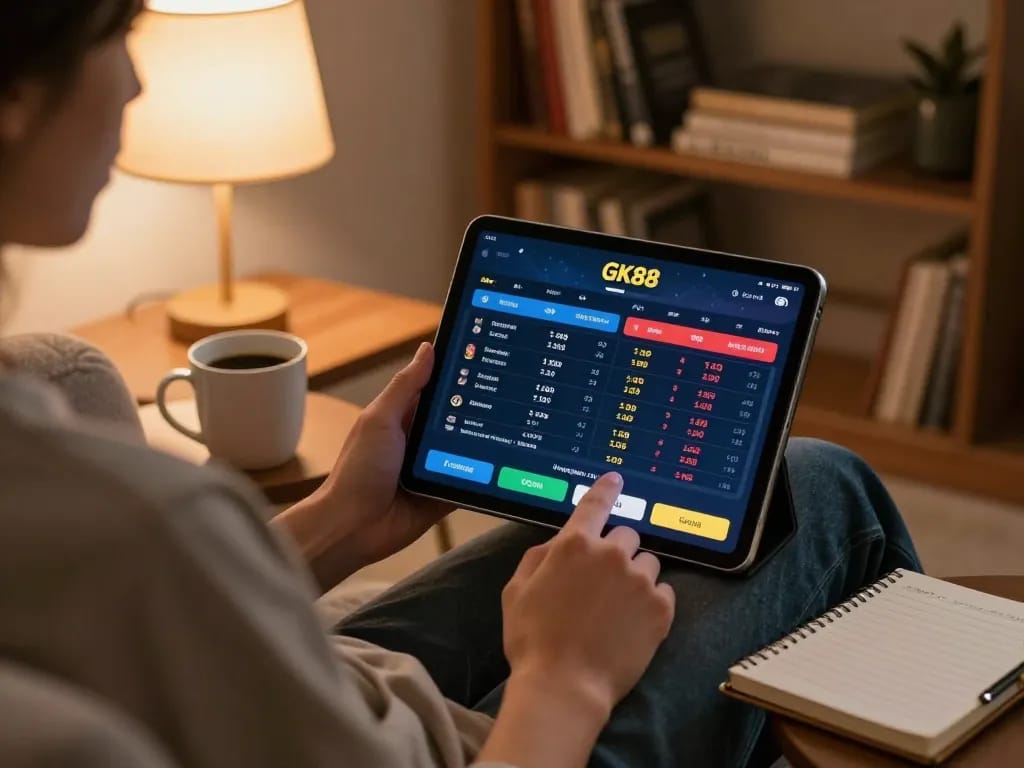 Engaging in sports betting on GK88 online platform from home, blending comfort and strategy.