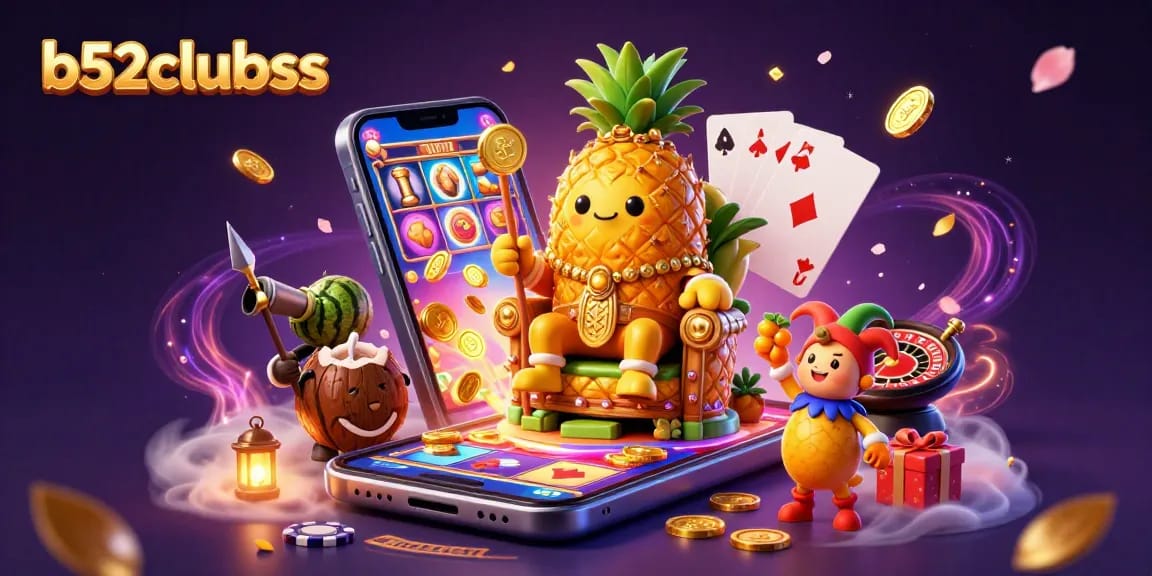 b52clubss showcases a vibrant 3D scene with a golden pineapple king gambling at a lively beach casino.