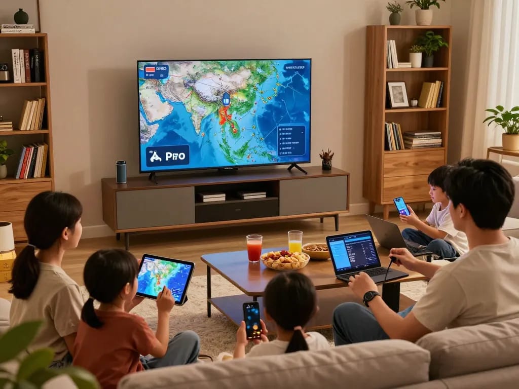 Famille profitant du streaming atlas pro ontv sur un grand téléviseur intelligent dans un salon confortable.