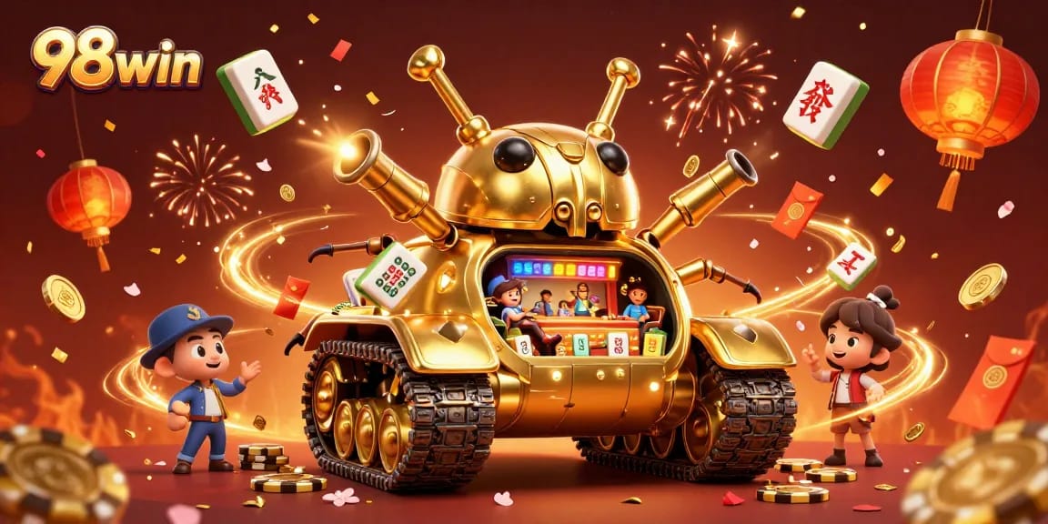 Engage with 98win's vibrant online casino world in this rich 3D illustration, featuring festive gaming elements.