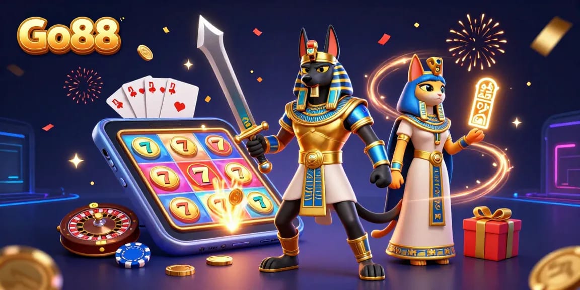Engage with Go88's vibrant slots and live casino action featuring Anubis and Bastet in a dynamic scene.