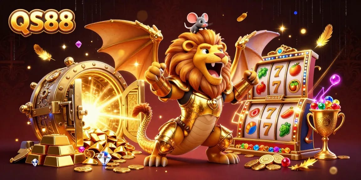 Experience thrilling wins at QS88 with a majestic chimera and vibrant slot game elements in a dynamic scene.