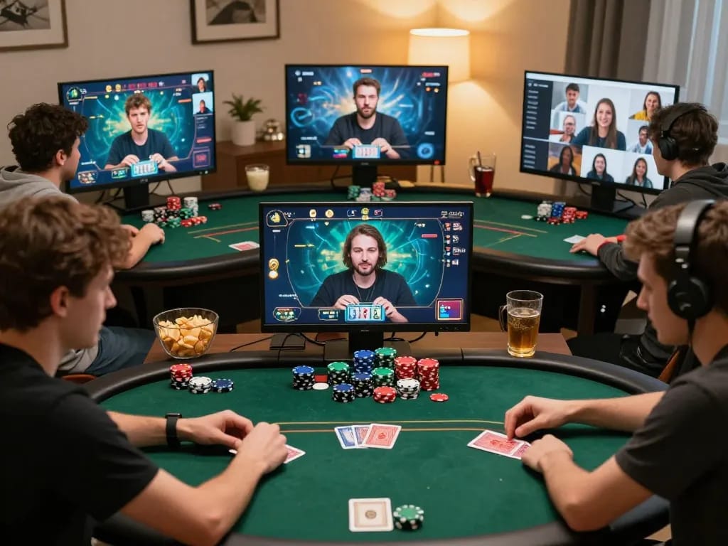 Kuwin online poker game connecting players in a friendly home setup with lively interactions.