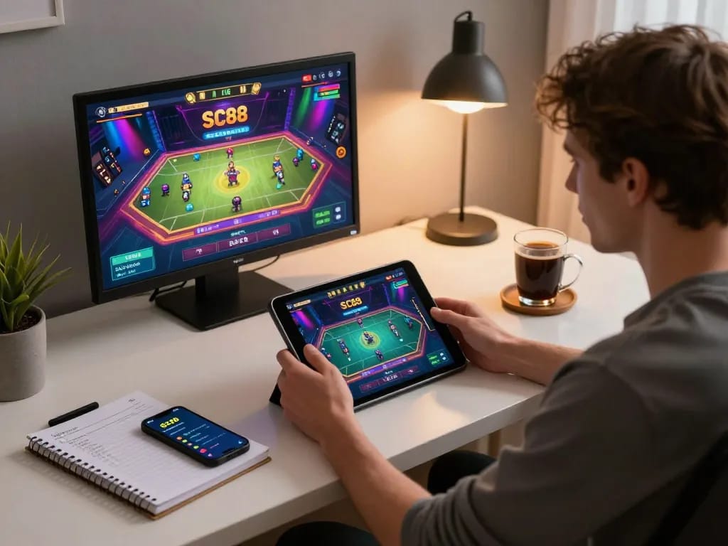 Engaging with the SC88 game on a tablet during a cozy home gaming session, emphasizing fun and strategy.