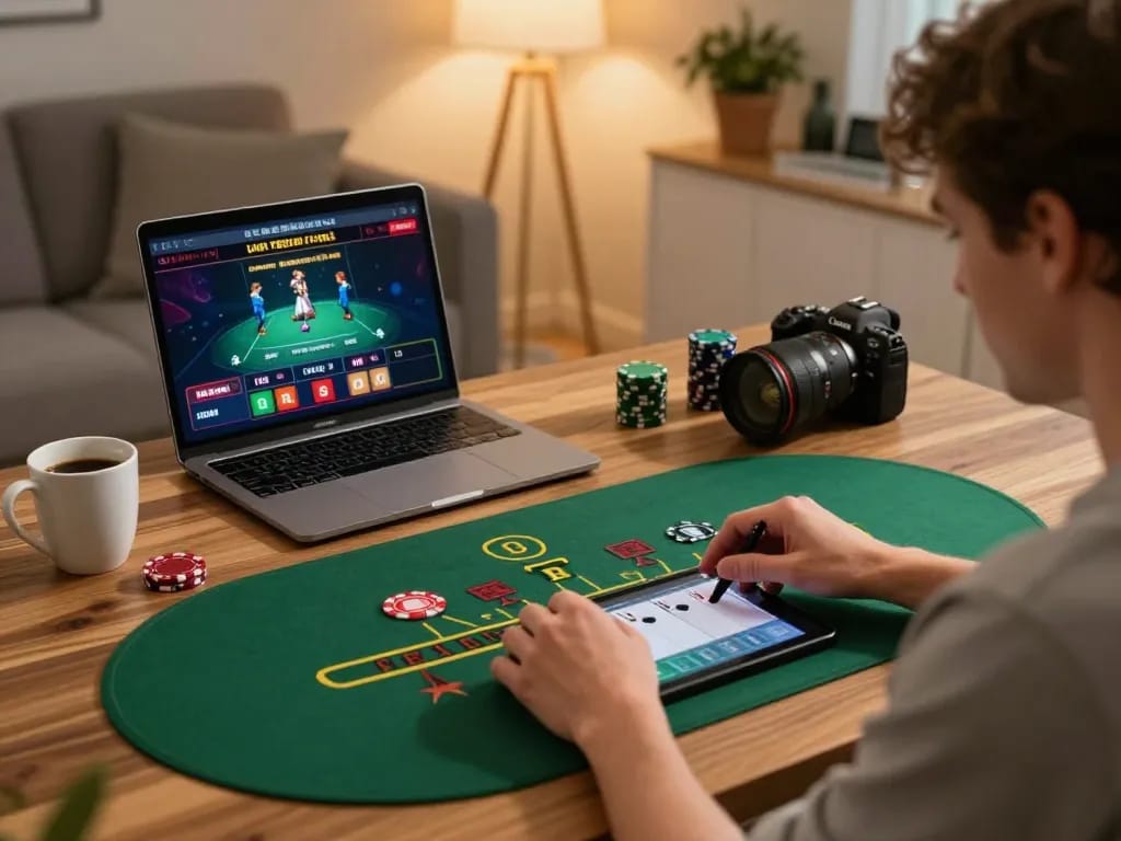 Player enjoying an online JUN88 blackjack game in cozy home setting, showcasing strategy and entertainment.