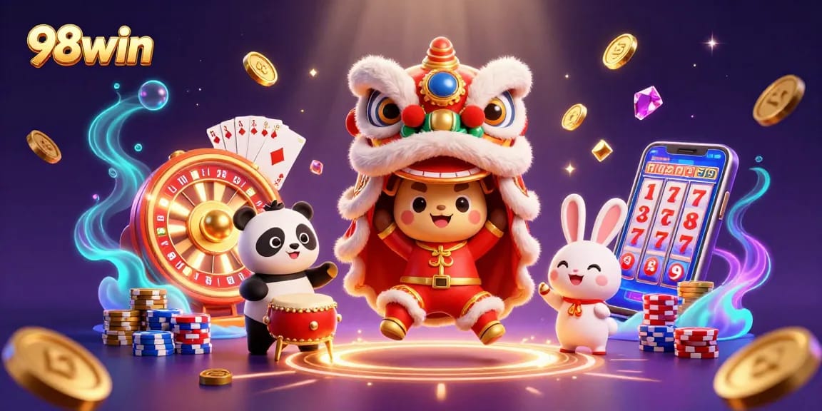 Engage in thrilling casino adventures with 98win's vibrant 3D illustration of lion dance, drumming panda, and firecracker rabbit.