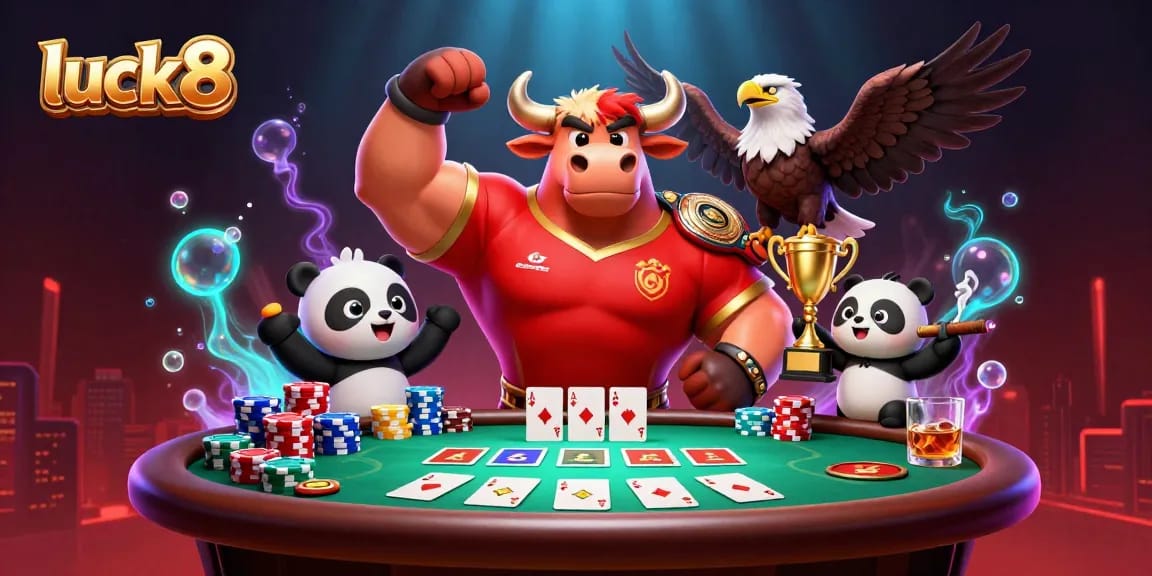 Experience exciting gameplay at luck8 with a triumphant bull, eagle champion, and panda trophy in a vibrant poker scene.