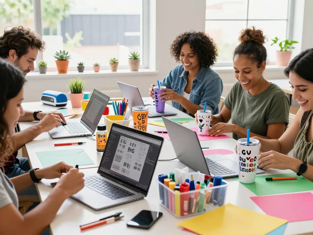 Group of crafters using svg bundle designs for custom tumbler projects, showcasing vibrant colors and creativity.